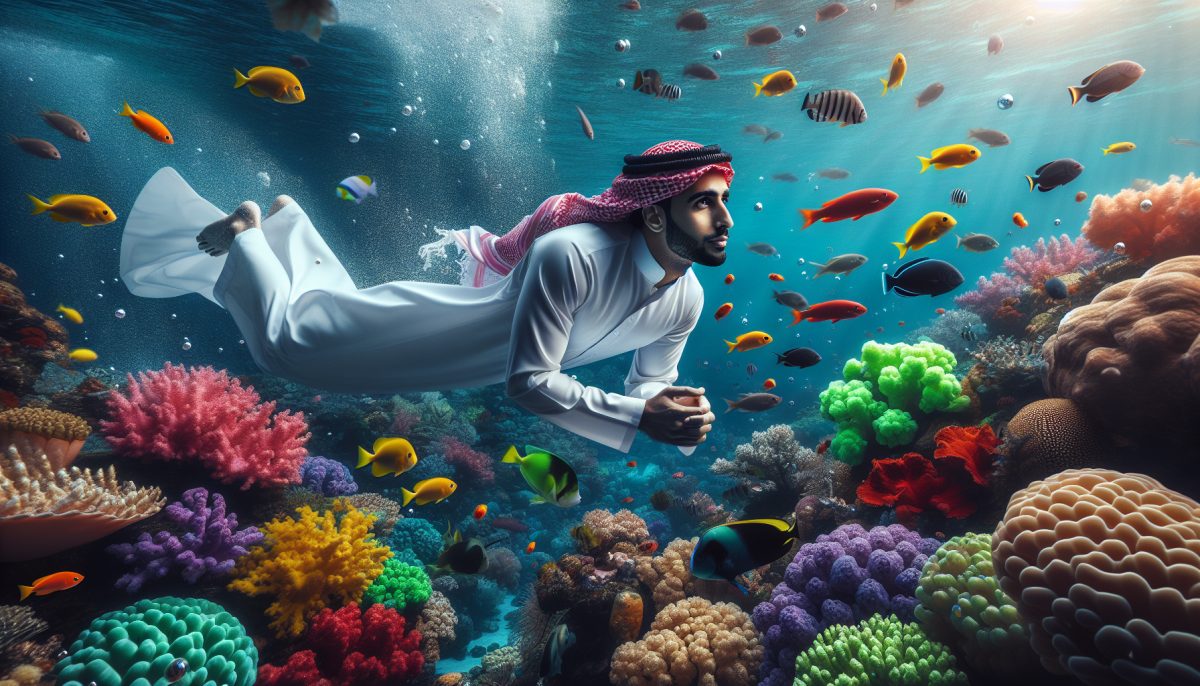 Person swimming underwater surrounded by vibrant marine life.