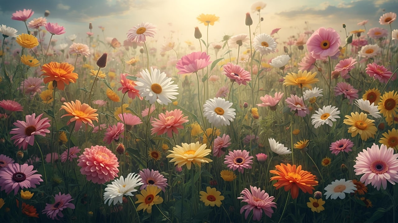 A tranquil garden with various flowers symbolising beauty and growth.