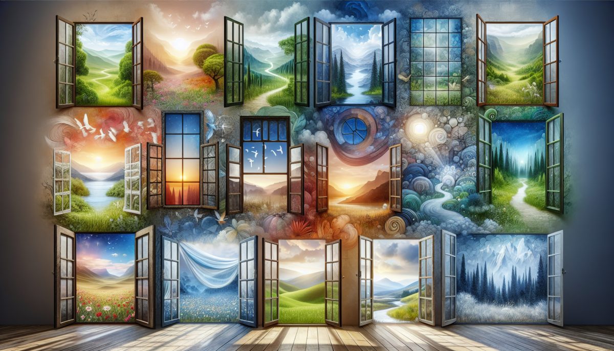 A collection of windows opening to various landscapes, symbolising opportunity and perspective.