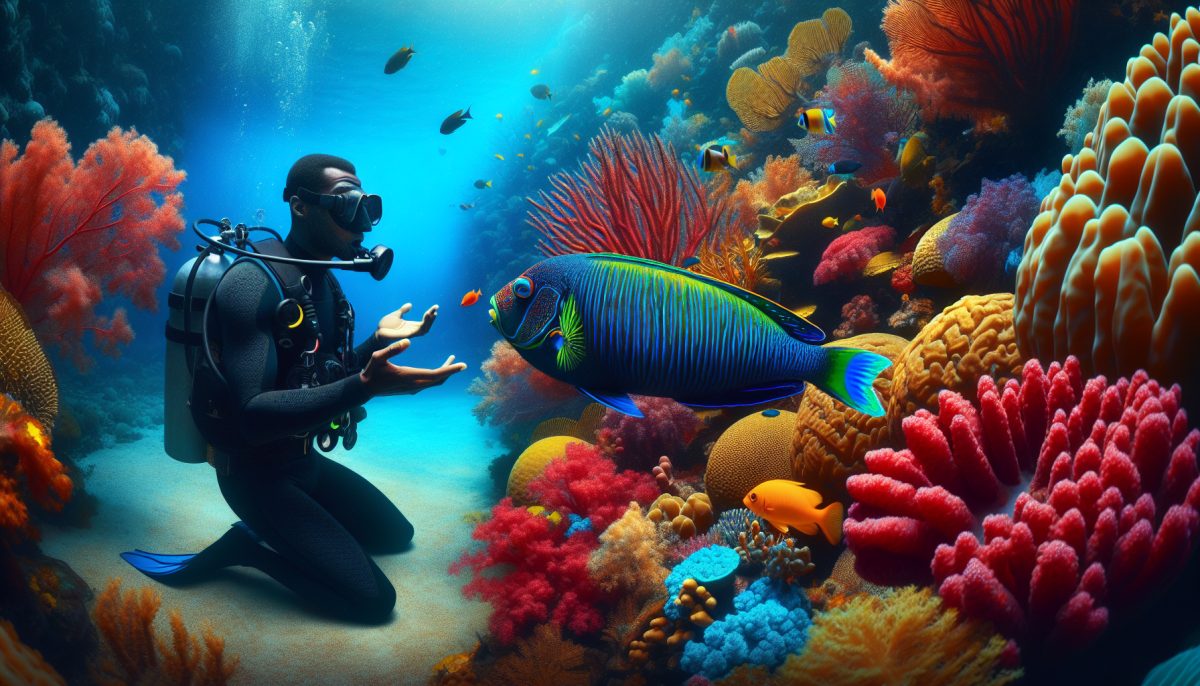 A vibrant underwater scene with a talking fish and a diver, symbolizing communication and insight.