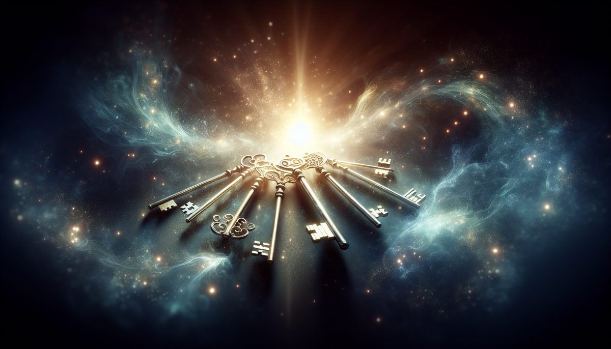 A luminous set of old keys floating in a dreamlike dark space, symbolising access, hidden truth, and life choices.