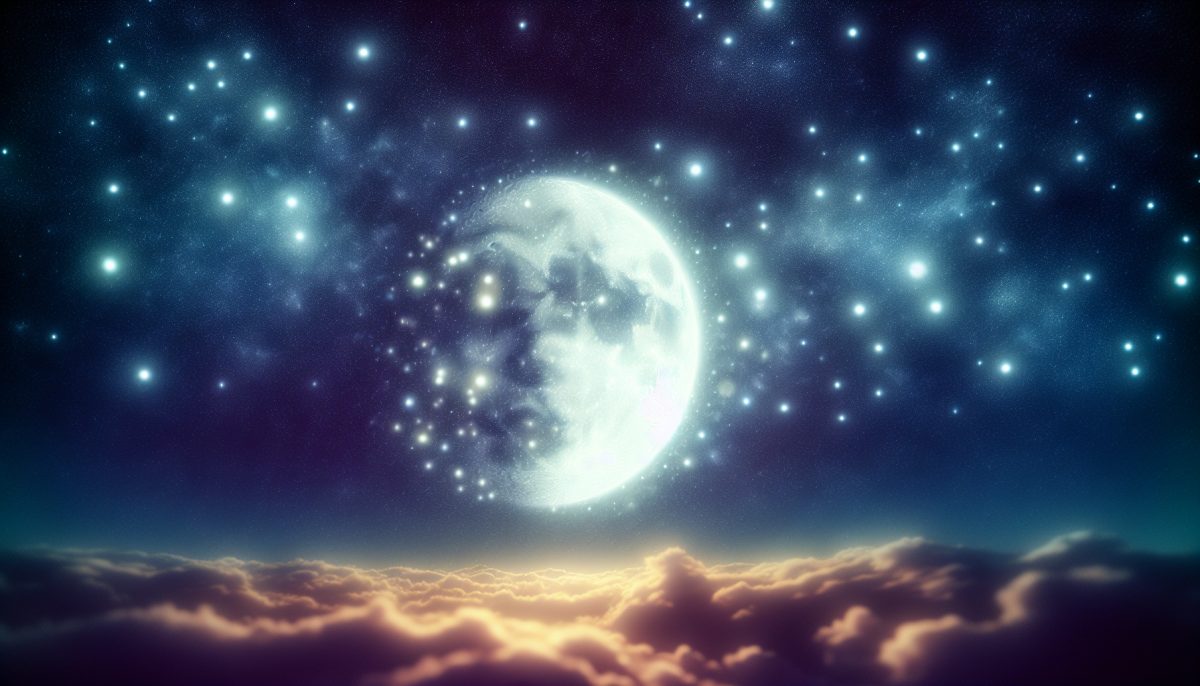 A glowing moon speaking over a dark dreamlike sky, symbolising intuition, emotional reflection, and inner guidance.