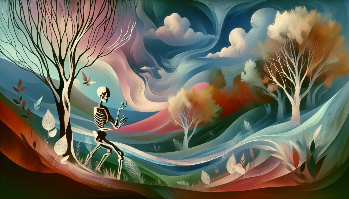 A whimsical illustration of a talking skeleton in a dream-like setting.