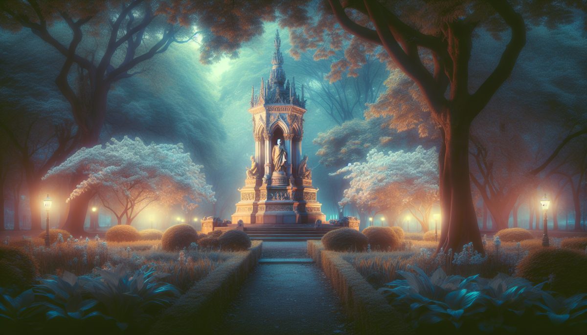 A majestic statue in a tranquil park, symbolizing wisdom and guidance.