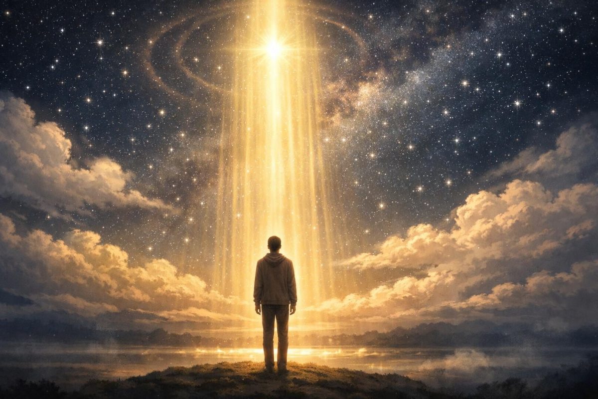 Symbolic illustration of a person under a starry sky speaking toward a soft golden light above