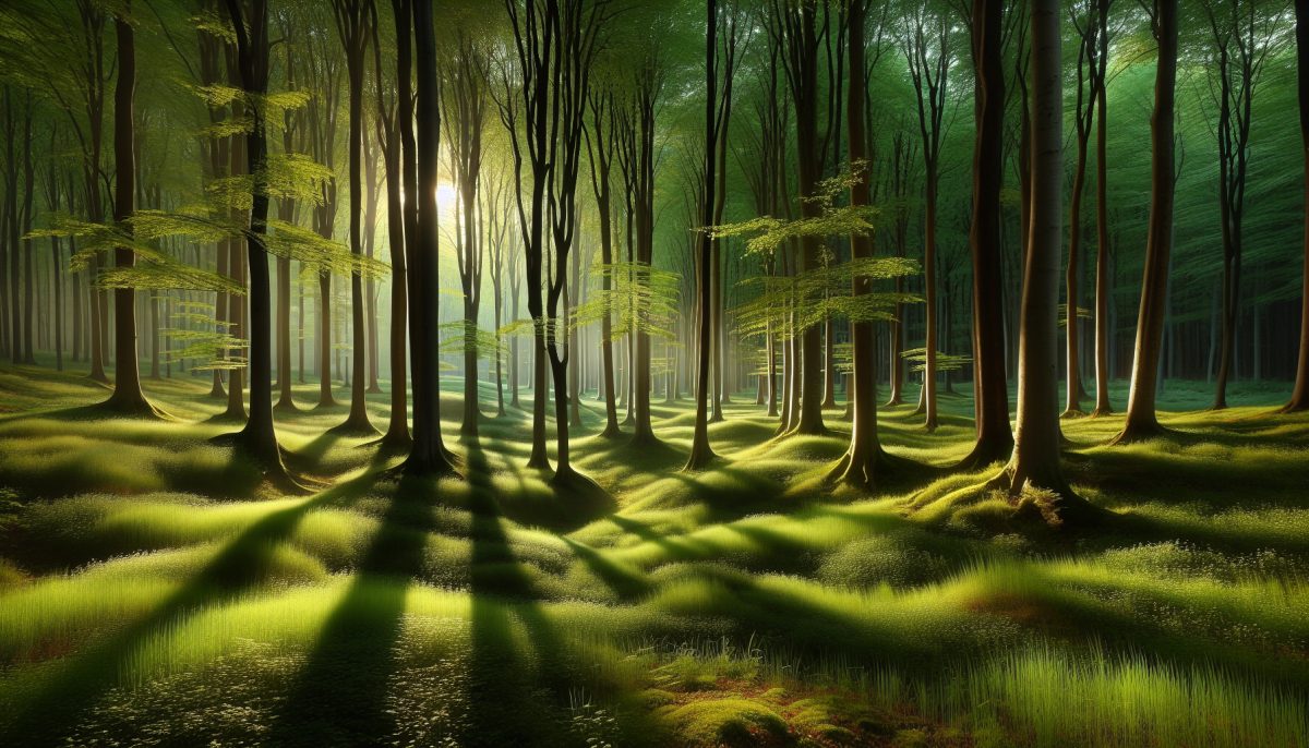 A tranquil forest with trees that appear to communicate, symbolizing wisdom and nature's voice.