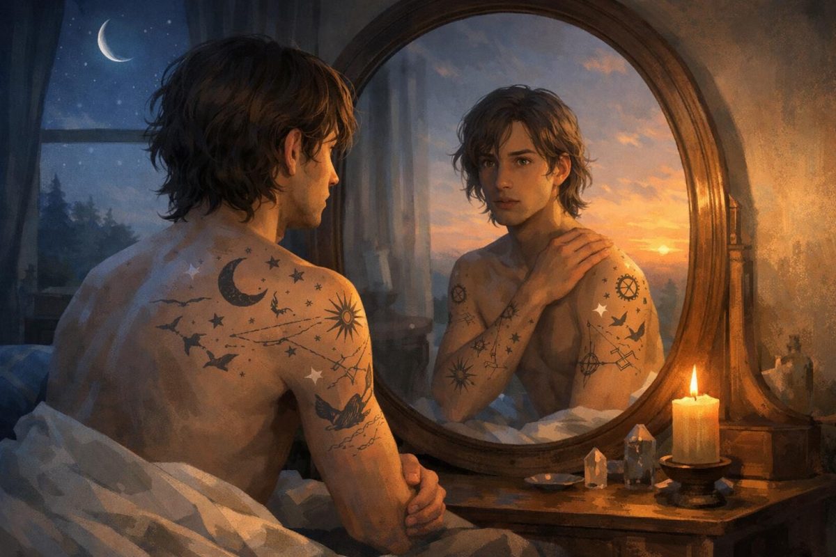 Symbolic illustration of a person discovering new tattoos on their skin overnight while looking in a mirror at dawn.