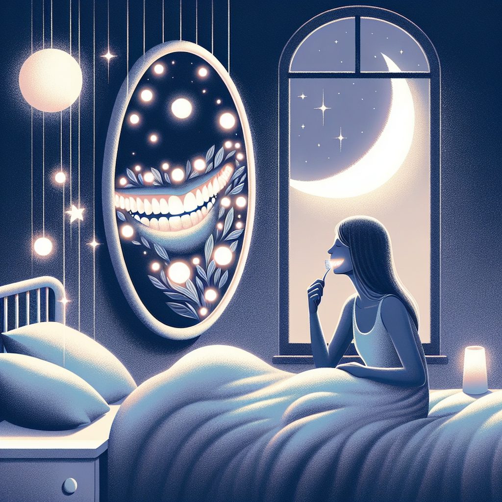 Symbolic illustration of a person in a moonlit room seeing loose teeth transform into feathers and pearls in a mirror.