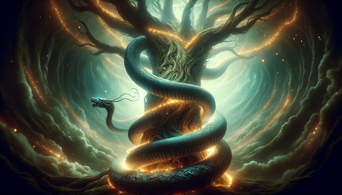 A glowing serpent entwined around a tree in a mystical setting.