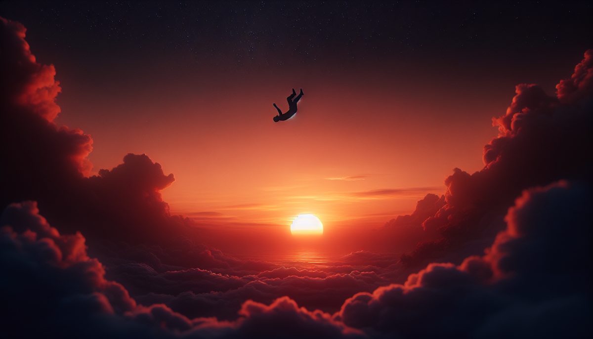 A person falling through soft clouds at sunset, representing the dream theme of falling.