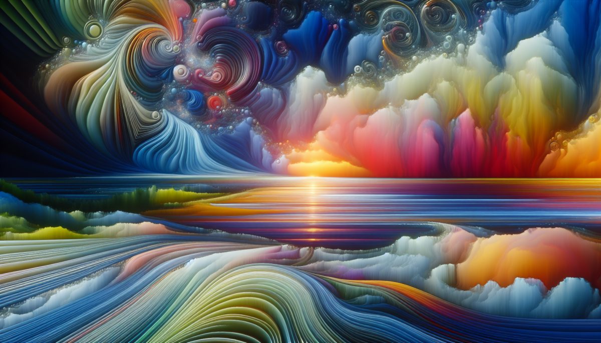 A dreamscape depicting a canvas with abstract art in a vibrant colour palette.