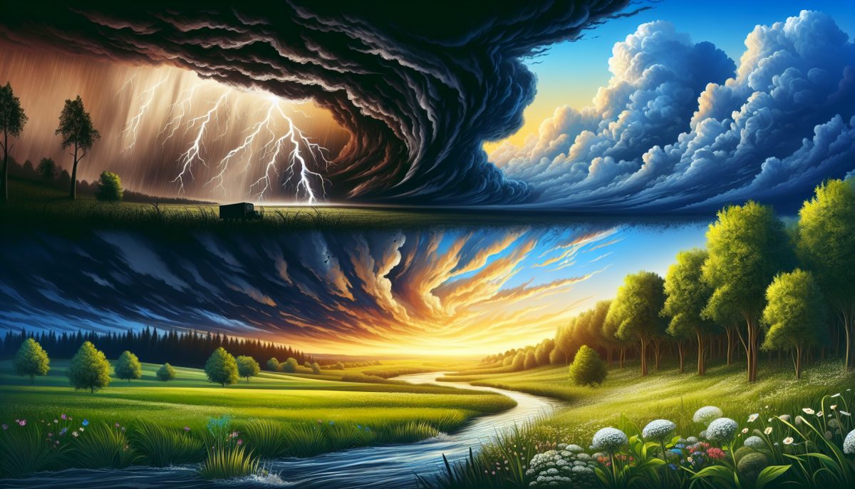 A stormy sky over a peaceful countryside, symbolising the duality of chaos and serenity.
