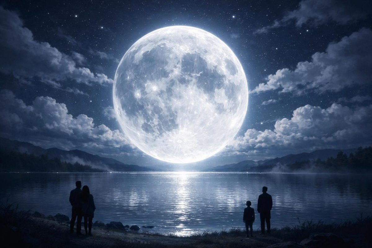 Symbolic illustration of the moon falling from a night sky over a calm landscape