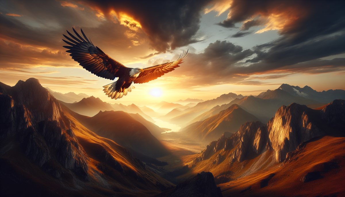 A majestic eagle soaring in the sky above mountains during sunrise.