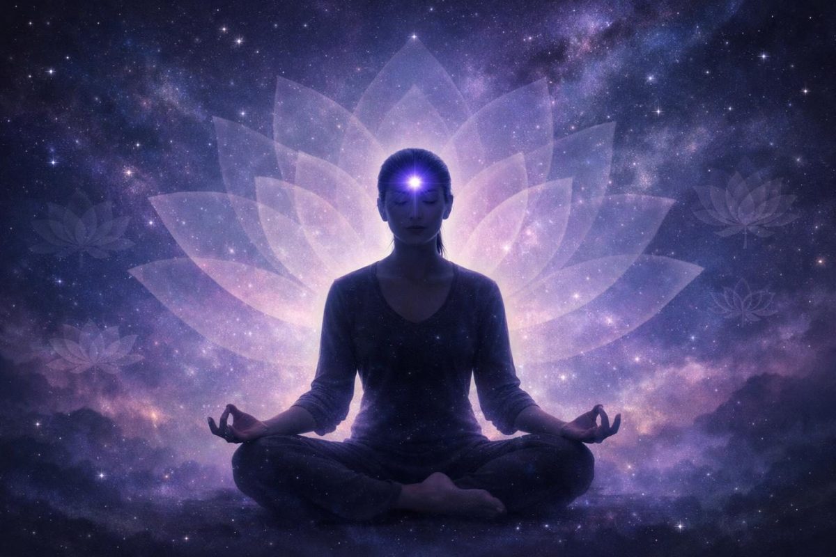 Symbolic illustration of a meditating person with a glowing light at the forehead under a cosmic sky