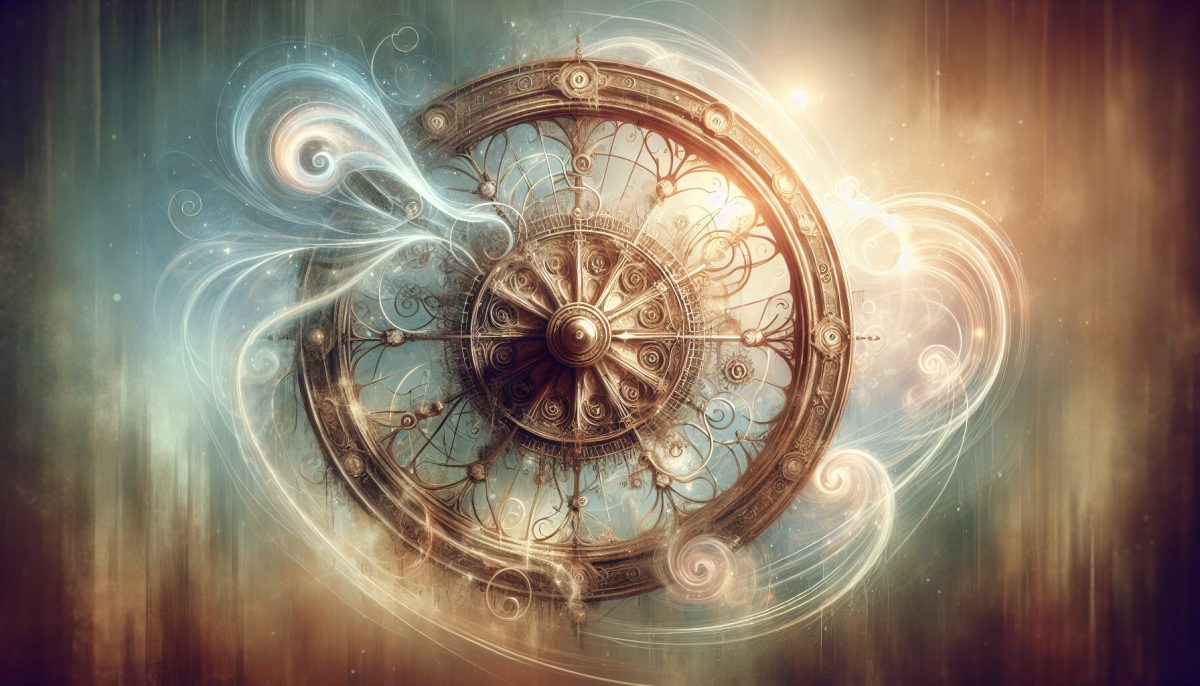 A symbolic wheel representing the concept of time, surrounded by ethereal elements.