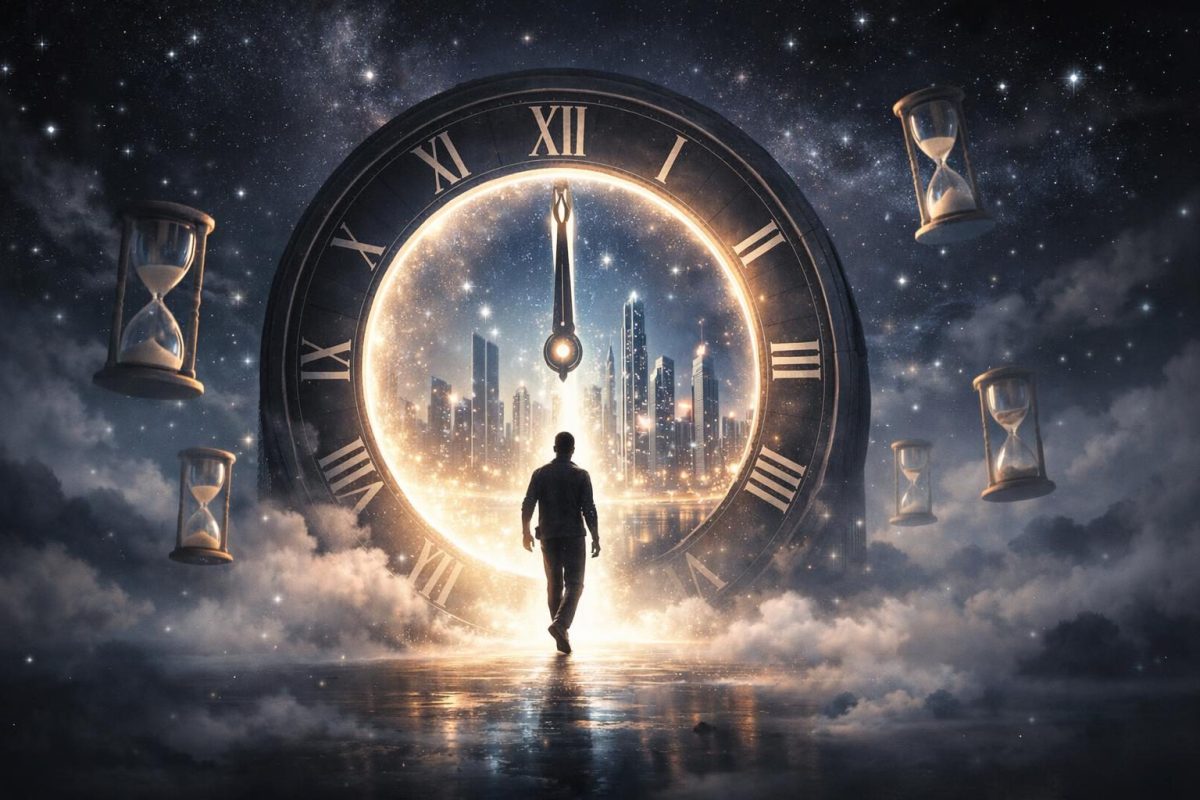 Symbolic illustration of a person stepping through a glowing portal toward a futuristic city under a starry sky