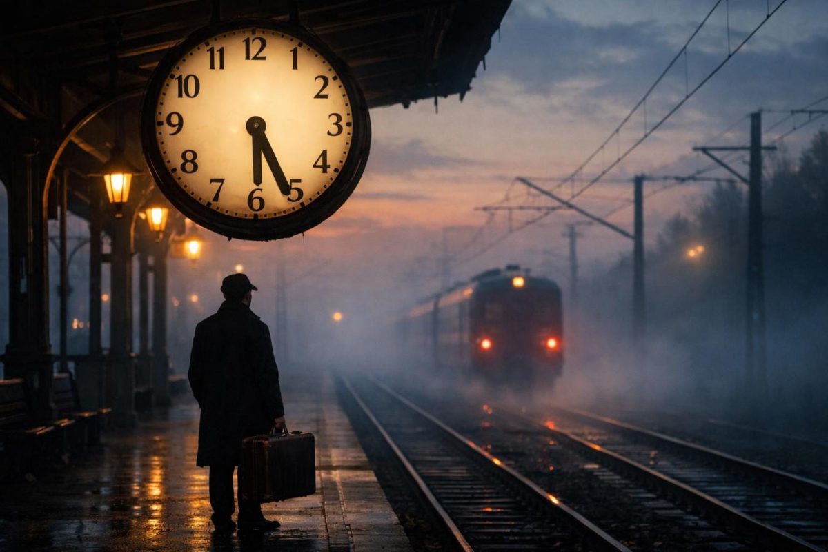 Symbolic illustration of a person on a railway platform watching a train leave in the mist