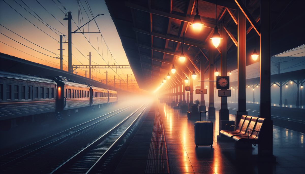 A symbolic illustration of a calm train station platform at dawn with a distant train and a suitcase on a bench.