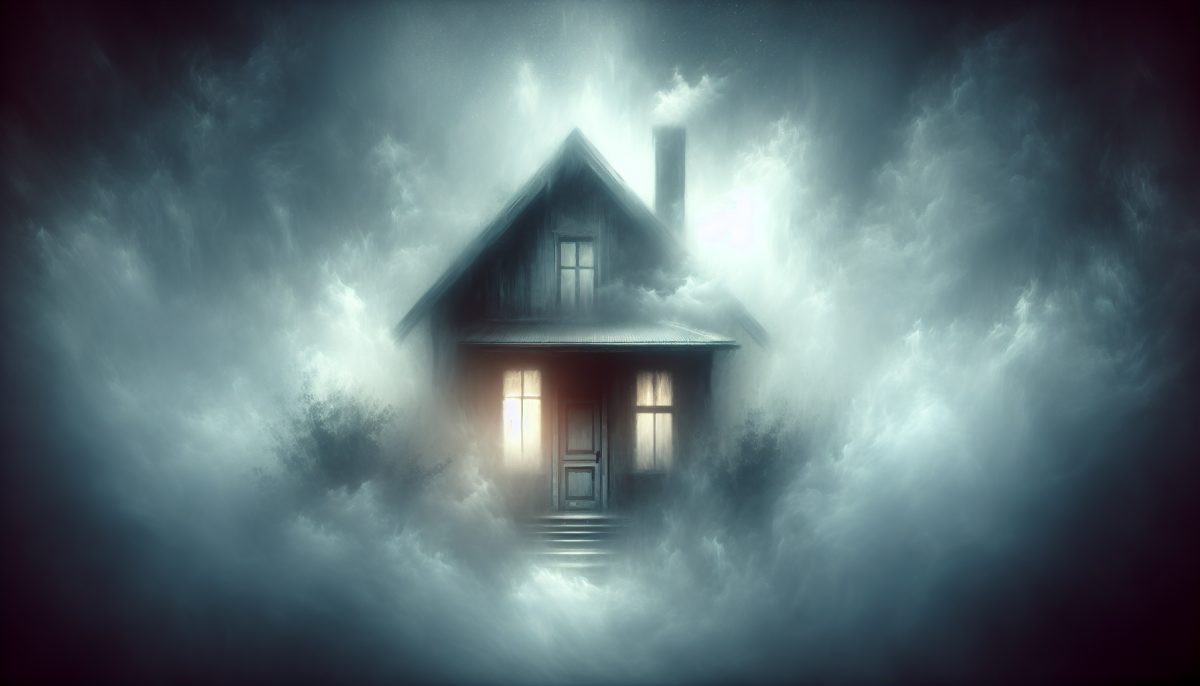 A dim childhood hallway in an old family home, suggesting memory, nostalgia, and emotional confinement.