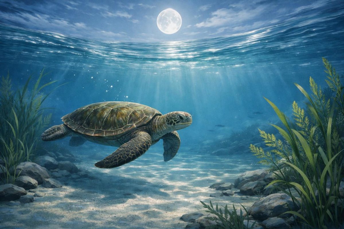 Symbolic illustration of a turtle swimming calmly in clear water under soft light
