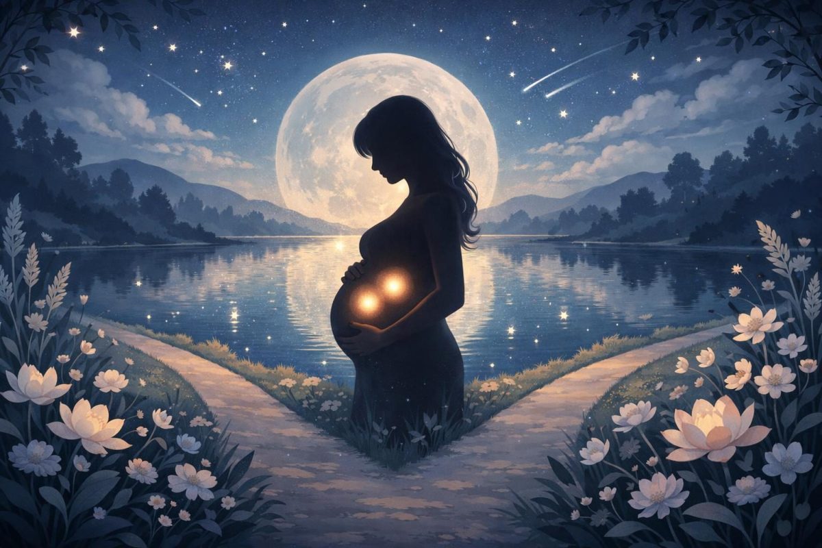 Symbolic illustration of a pregnant figure with twin lights inside, representing a dream about twins pregnancy