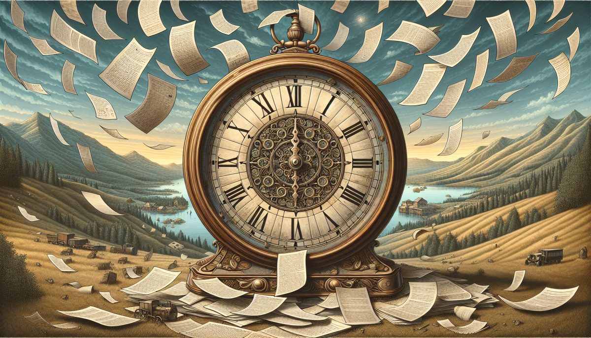 A serene landscape with a clock and floating papers symbolising deadlines.