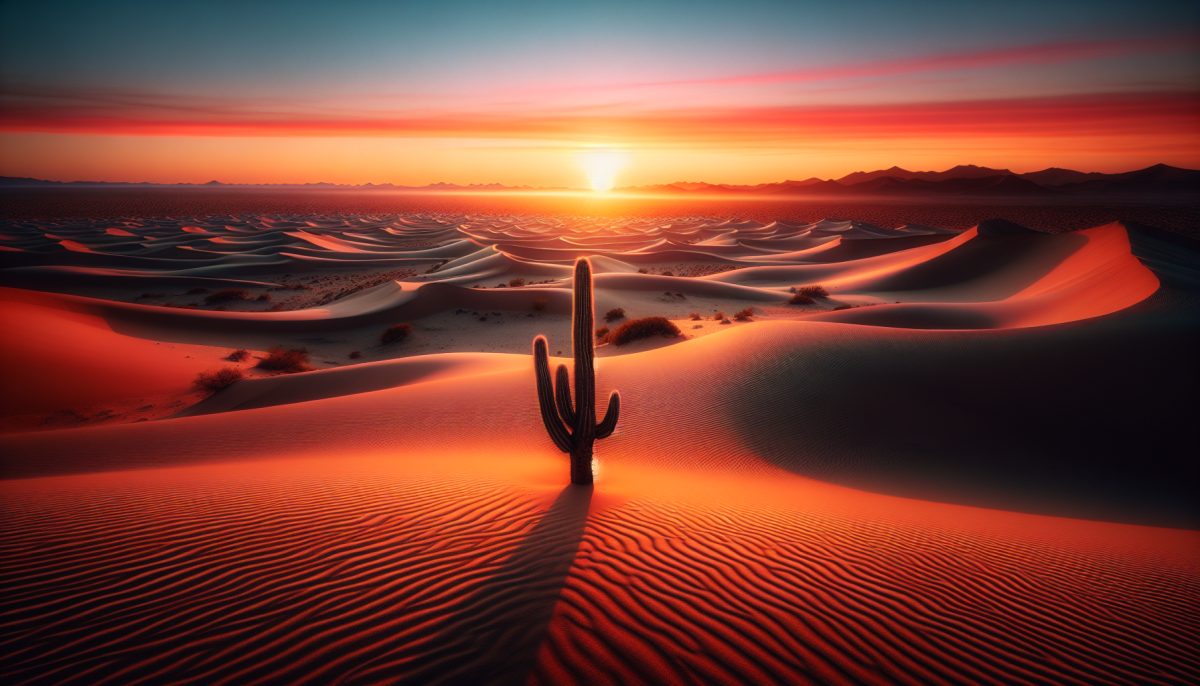 A tranquil desert landscape at sunset with sand dunes and a cactus.