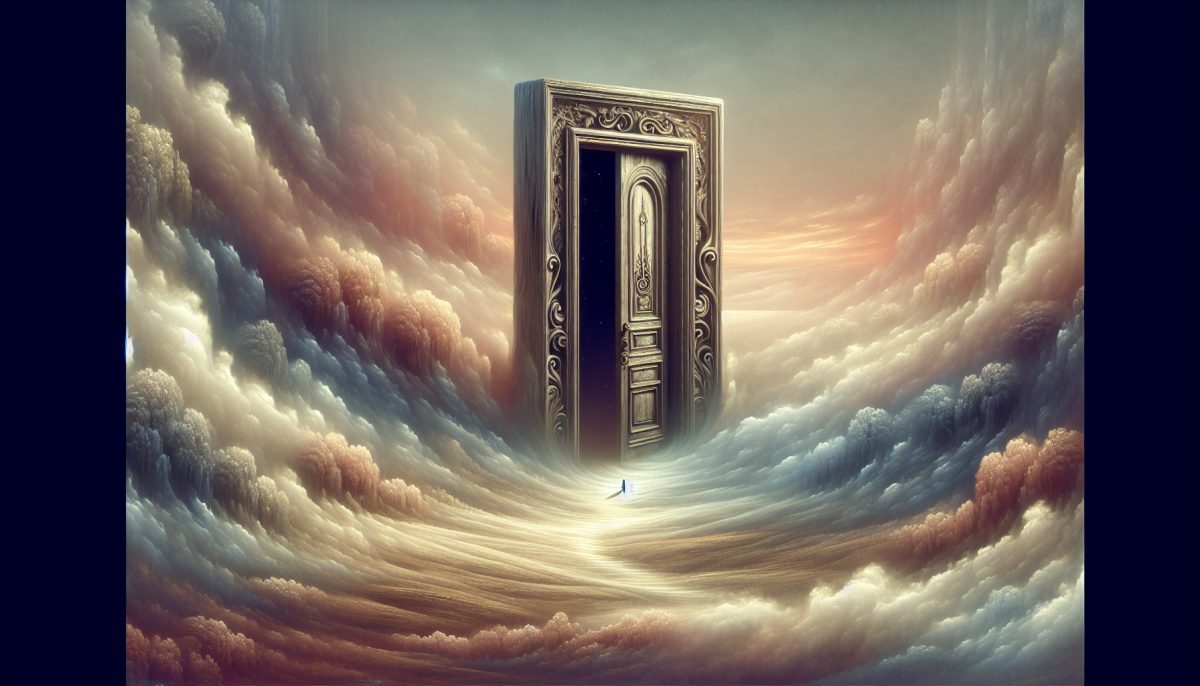 A mystical scene with a door slowly disappearing into a foggy background