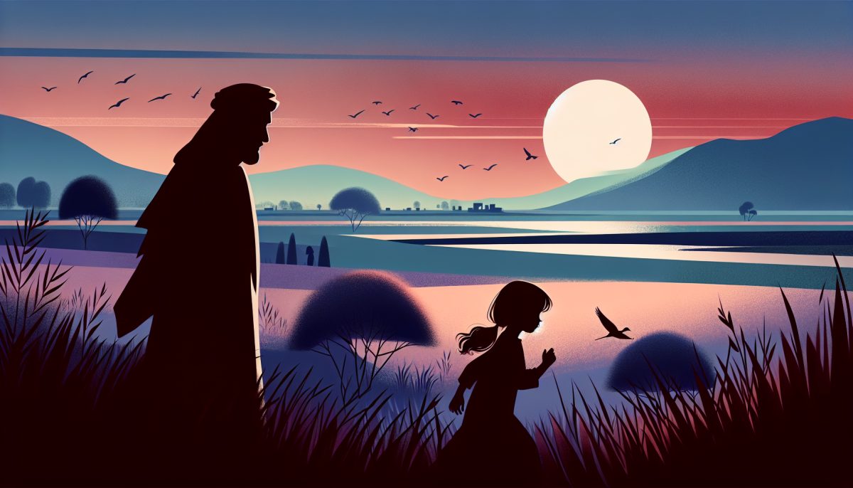 A child-like silhouette following an adult in a tranquil setting, representing exploration and innocence.