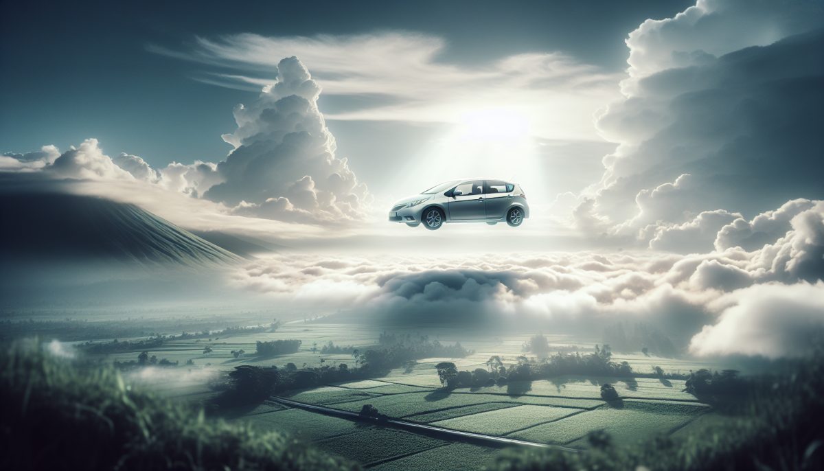 A car floating above the ground in a dreamy landscape with clouds.