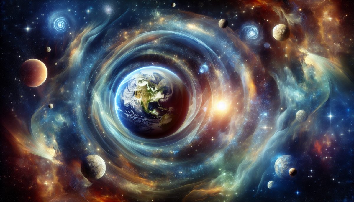 A symbolic illustration of a spinning Earth in a cosmic setting.