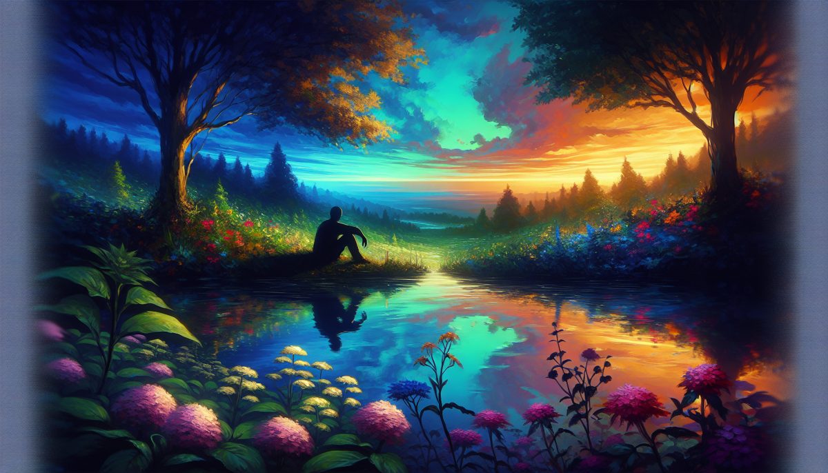 A shadowy figure by a reflective pond in a tranquil landscape, symbolising introspection and guilt.