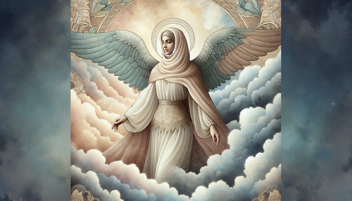 Illustration of an angelic figure in a tranquil sky setting.