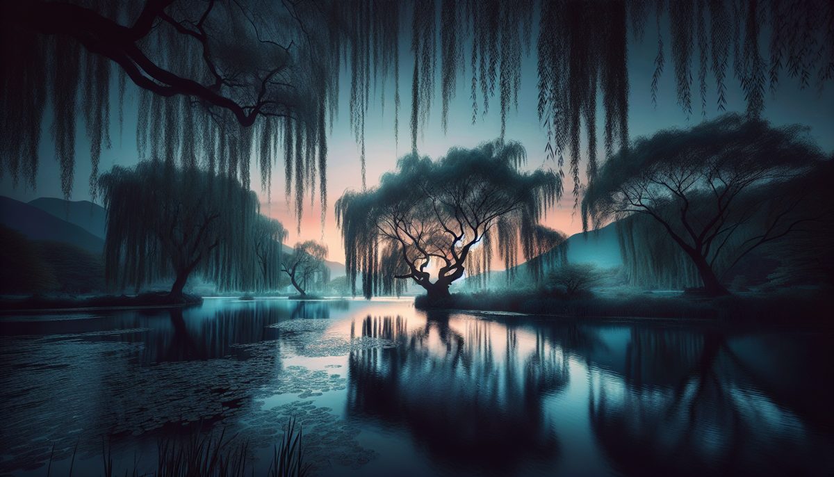 A tranquil pond at dusk surrounded by willows, symbolising introspection and emotional depth.