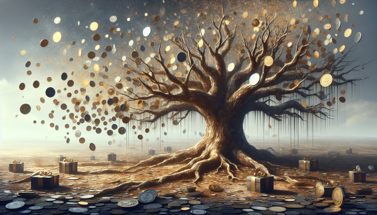 A symbolic representation of financial loss with a tree shedding coins.