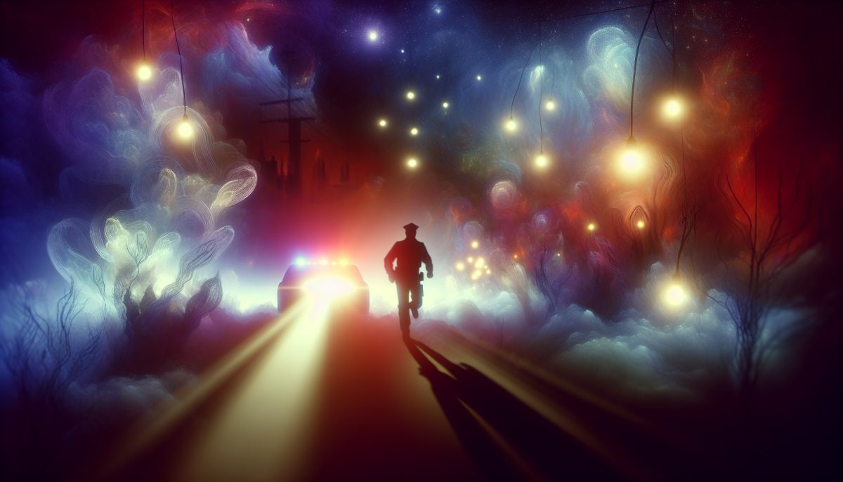 A dreamlike scene depicting a figure being chased by police lights in a surreal environment.