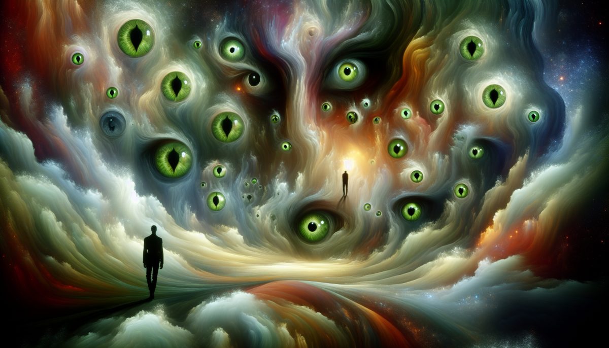 An artistic representation of jealousy symbolised by green eyes in a surreal setting.