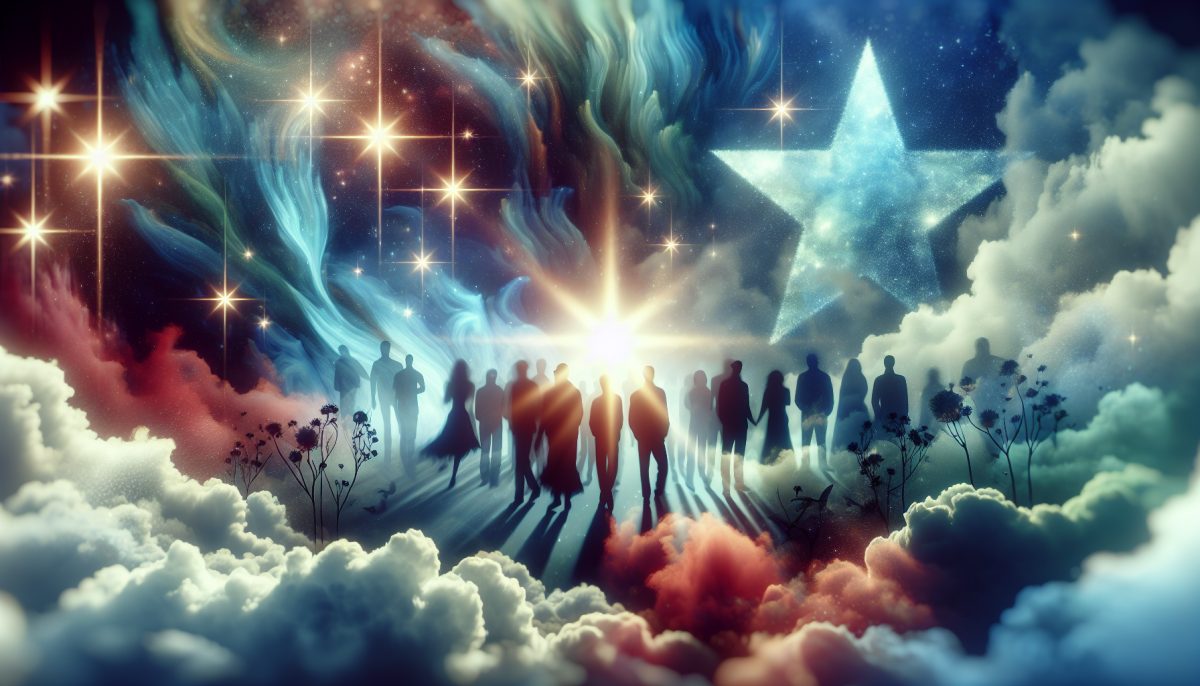 An artistic representation of celebrity silhouettes in a dreamlike environment.