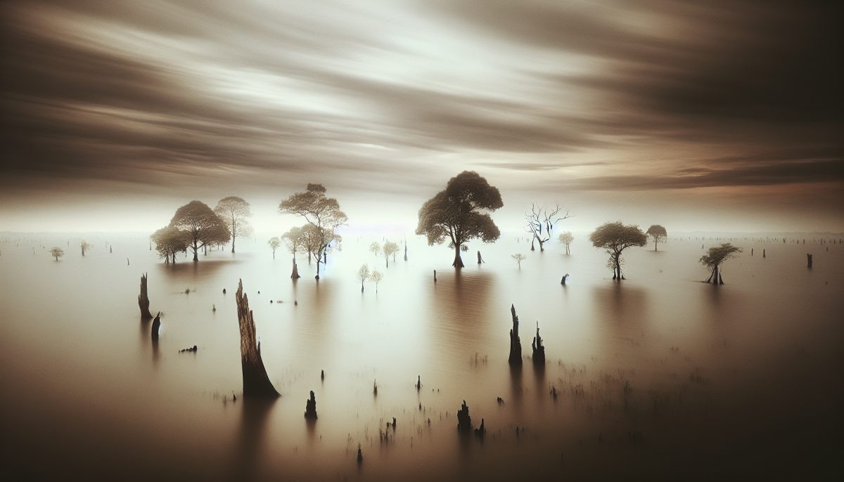 A landscape with trees and water, representing the concept of floods in dreams.