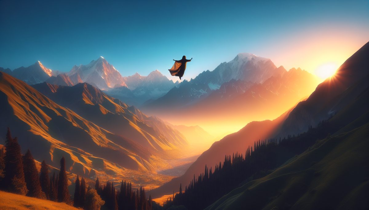 A person soaring through a clear blue sky above mountains, symbolising freedom and aspiration.