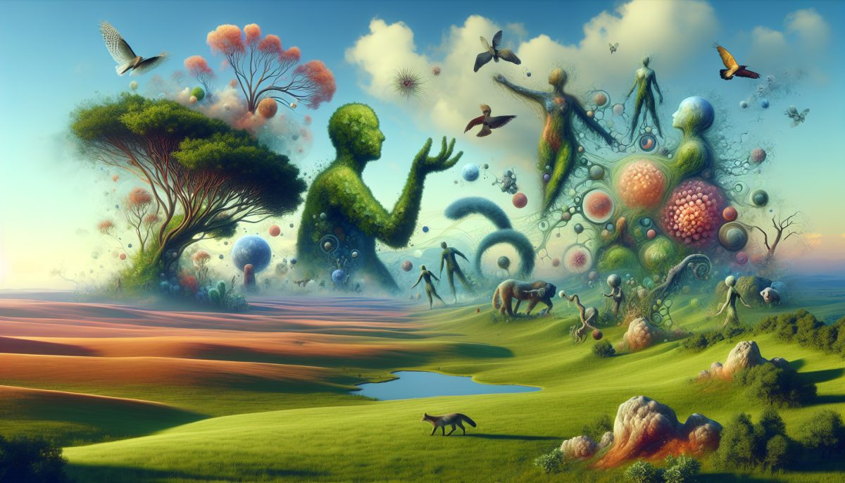 A serene landscape with blended human and animal forms symbolizing dreams of hybrids.