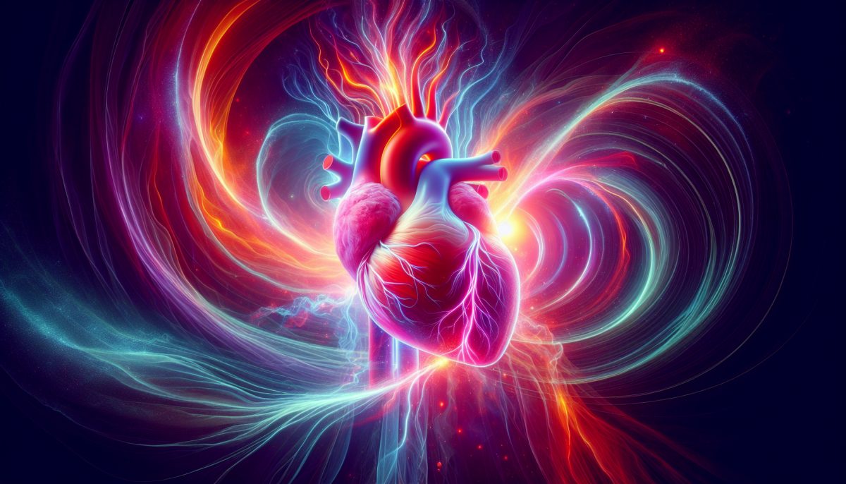 An artistic representation of a heart emitting vibrations in a serene environment