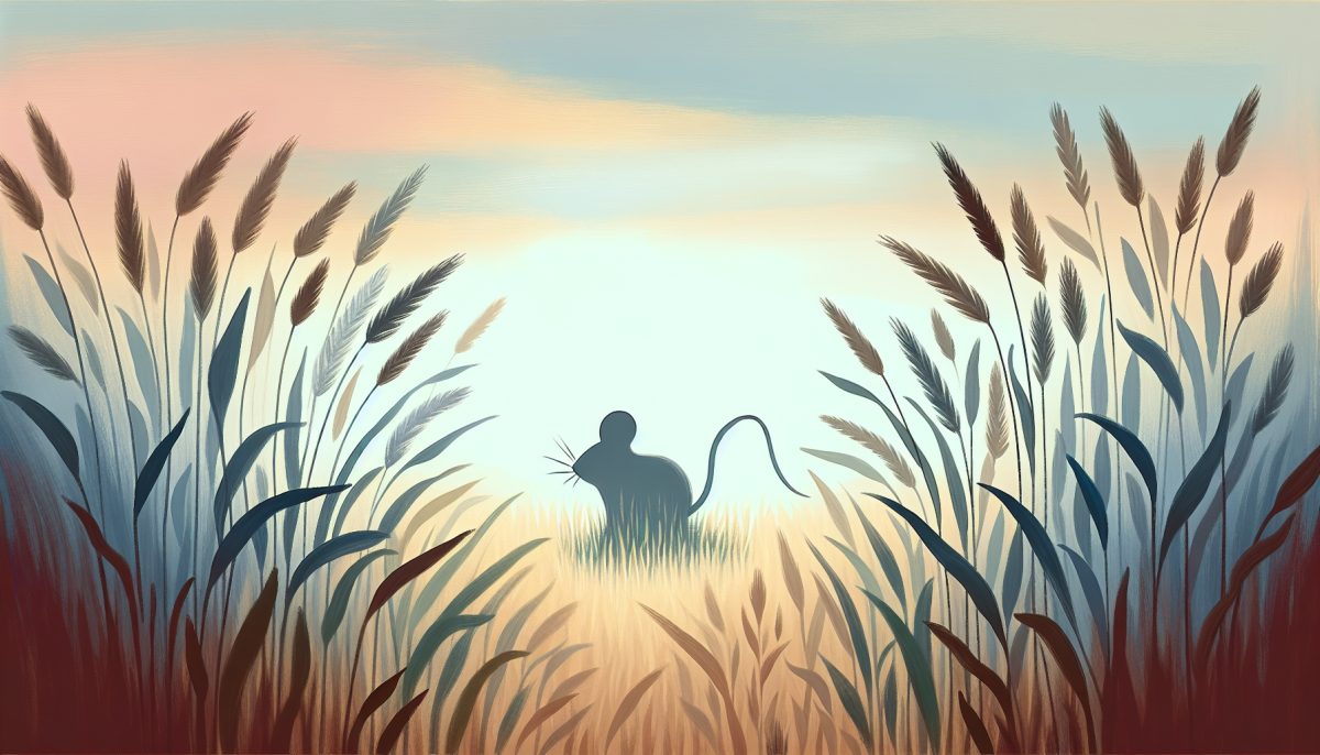 A symbolic representation of a mouse in a tranquil field setting.