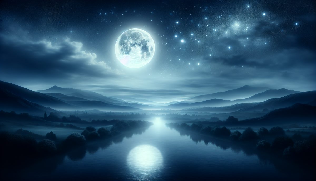 A full moon illuminating a calm night landscape, symbolising dreams and the subconscious.