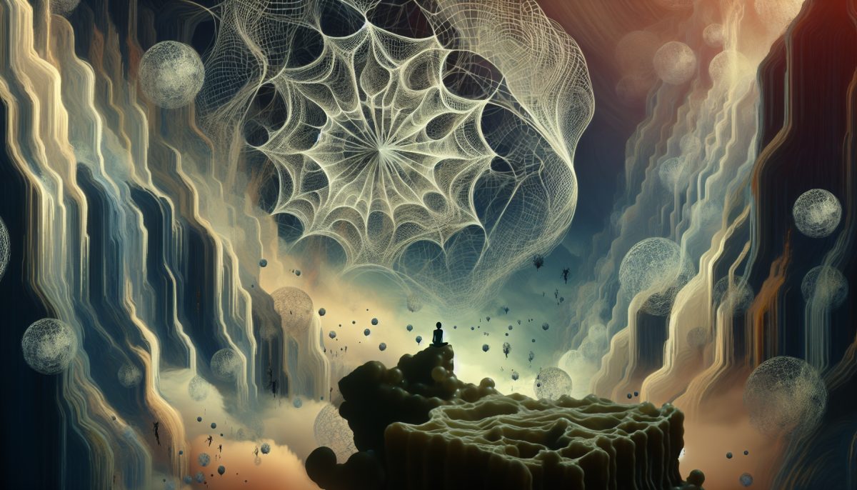 An artistic representation of a spider's web in a dreamlike setting.
