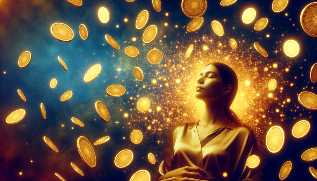 A dreamer in a surreal landscape with coins and golden light, symbolizing sudden wealth.