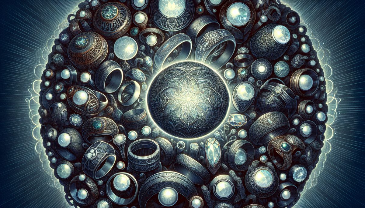 An artistic depiction of different types of rings symbolising unity, commitment, and power.