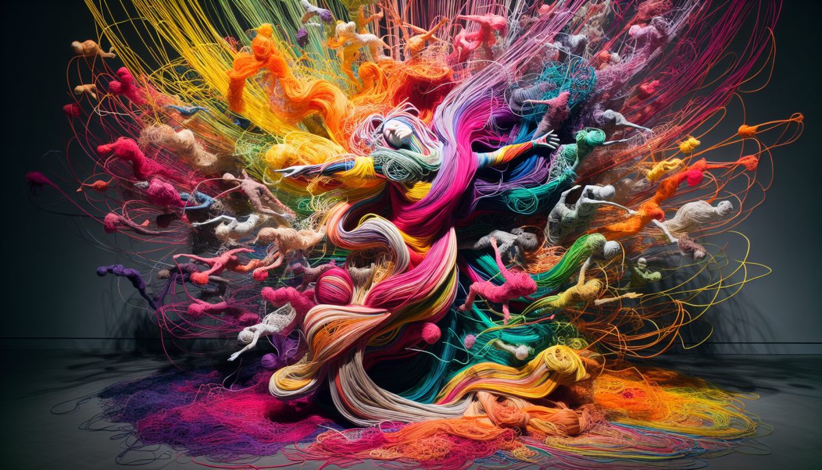 A person surrounded by vibrant threads and fabric, symbolizing connection and creativity.