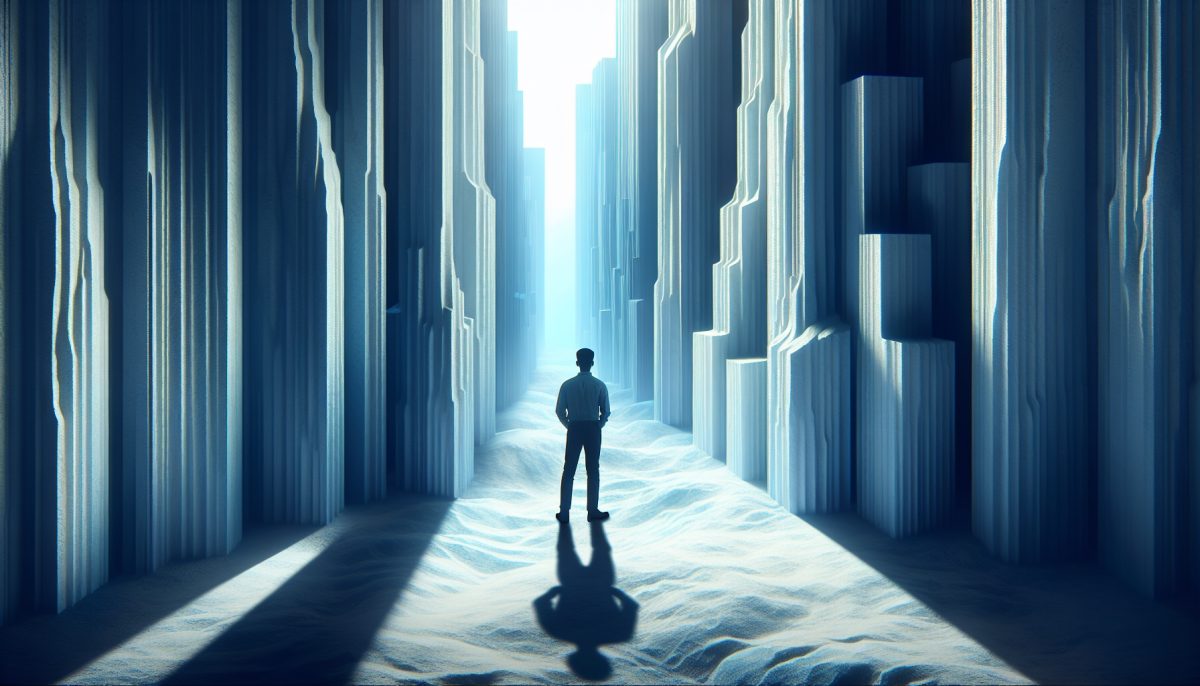 A figure trapped in a frozen landscape, symbolising emotional stagnation, fear, and feeling unable to move forward.